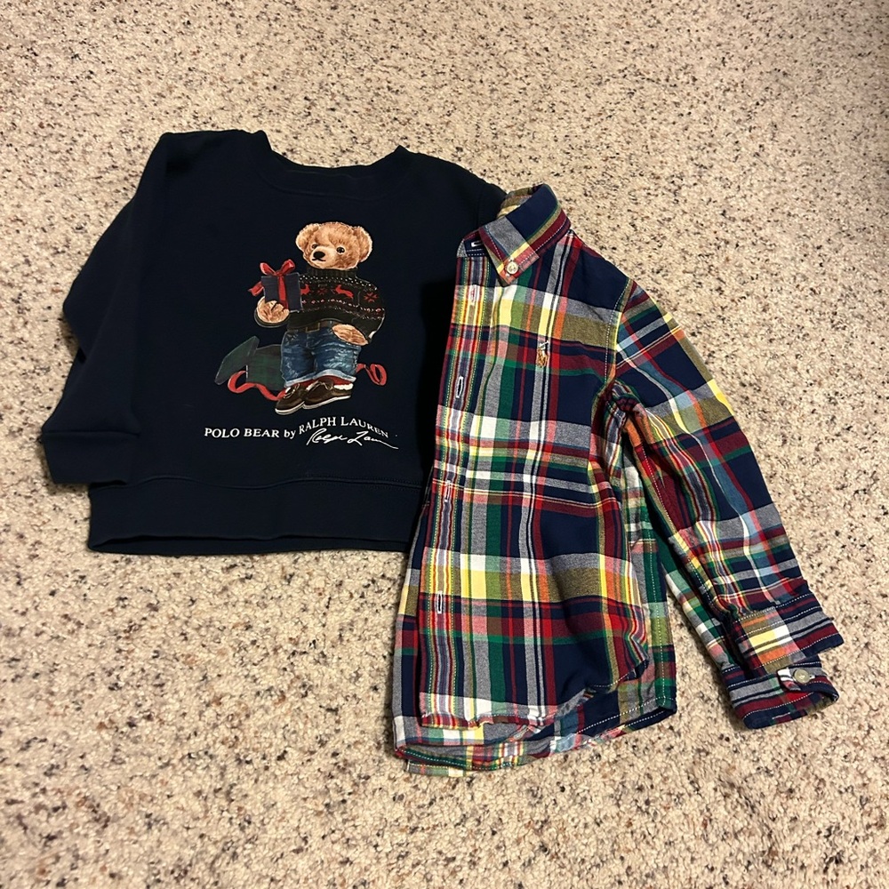 Boys Ralph Lauren Plaid Shirt and Bear Sweatshirt Set